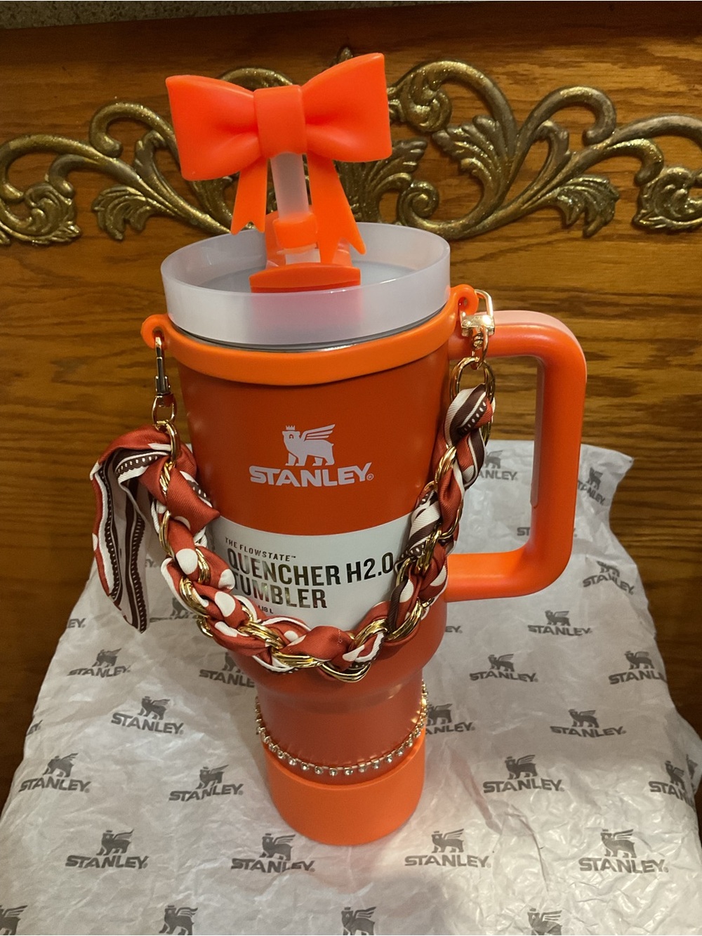 Stanley Orange Insulated Quencher-Style Tumbler with Decorative Chain - Picture 2 of 9